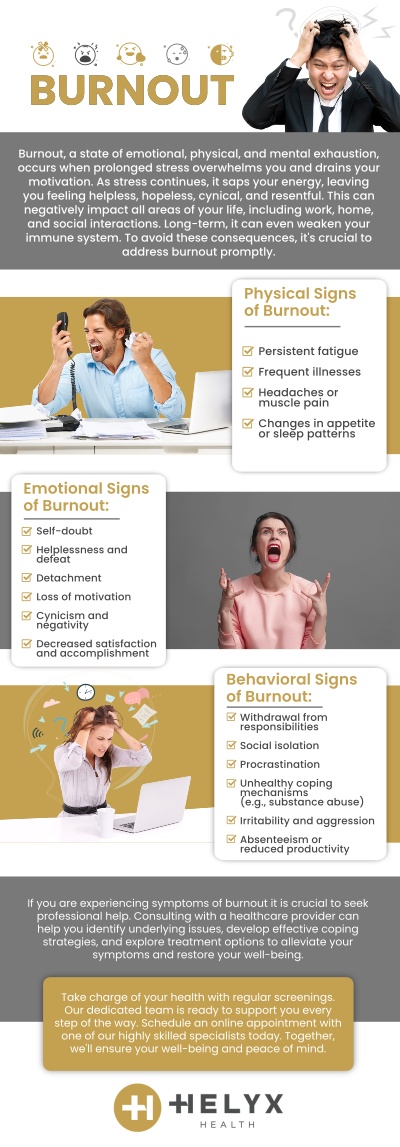 Burnout is more than just feeling tired—it’s a state of emotional, mental, and physical exhaustion caused by prolonged stress. Dr. Tony Masri, MD, and Dr. Britney Blair at Helyx Health explain that it often stems from high-pressure environments, lack of support, and an imbalance between effort and reward. Building resilience and fostering a healthier work-life dynamic are key to long-term prevention. Contact us today for more information or schedule an appointment online. We serve patients across the state of California including locations in Palo Alto, Beverly Hills, and San Francisco, CA.