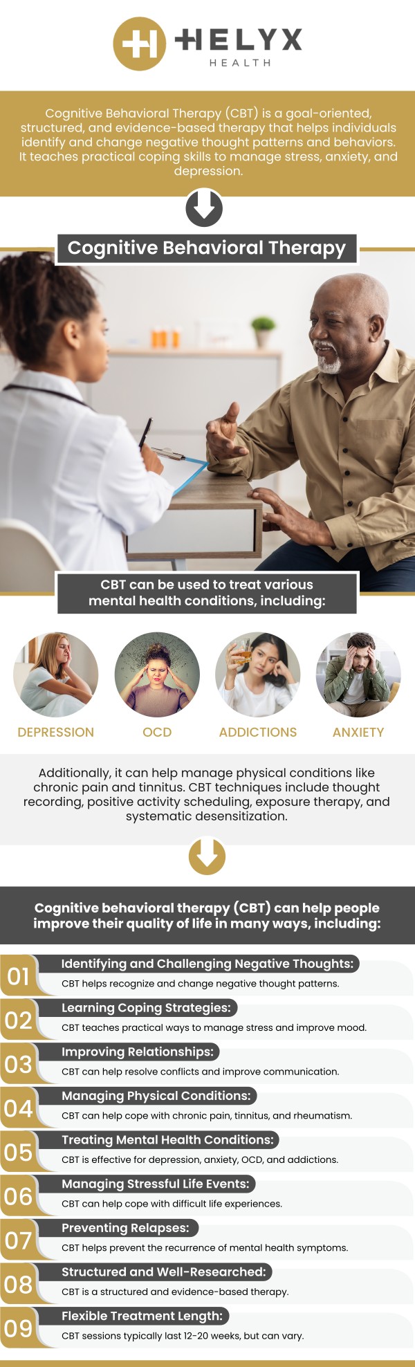 Cognitive Behavioral Therapy (CBT) offers practical tools to manage stress, anxiety, and negative thought cycles—transforming how you respond to everyday challenges. At Helyx Health, Dr. Tony Masri, MD, and Dr. Britney Blair take a collaborative approach, guiding patients through tailored CBT strategies that promote emotional clarity, self-awareness, and long-term resilience. Contact us today for more information or schedule an appointment online. We serve patients across the state of California including locations in Palo Alto, Beverly Hills, and San Francisco, CA.
