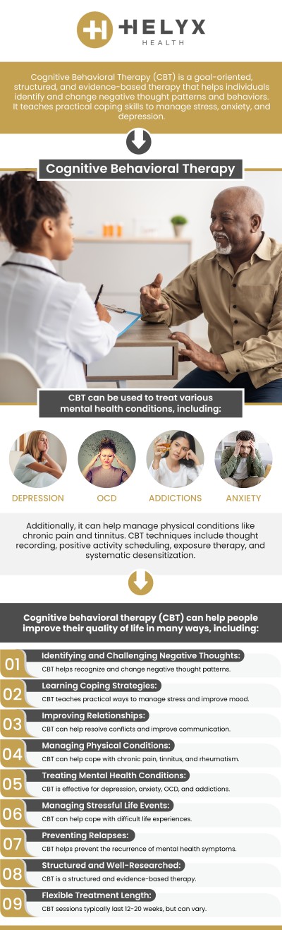 Cognitive Behavioral Therapy (CBT) offers practical tools to manage stress, anxiety, and negative thought cycles—transforming how you respond to everyday challenges. At Helyx Health, Dr. Tony Masri, MD, and Dr. Britney Blair take a collaborative approach, guiding patients through tailored CBT strategies that promote emotional clarity, self-awareness, and long-term resilience. Contact us today for more information or schedule an appointment online. We serve patients across the state of California including locations in Palo Alto, Beverly Hills, and San Francisco, CA.