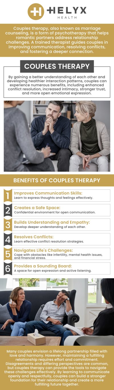 Helyx Health supports couples through major life changes by improving communication, managing stress, setting realistic goals, offering neutral perspectives, and enhancing intimacy. Visit Dr. Lia, Psy. D, and our team of psychologists for couples counseling, where we provide personalized support to help strengthen your relationship. Contact us today for more information or schedule an appointment online. We are conveniently located at 57 Post St Suite 604, San Francisco, CA 94104.