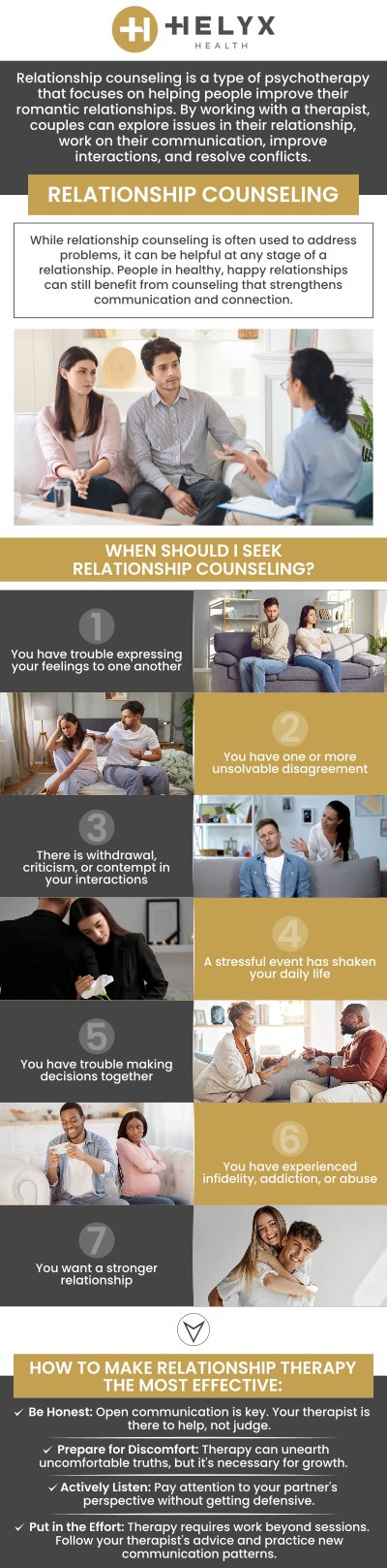 Relationship counseling can be a valuable resource for couples facing communication challenges, unresolved conflicts, or emotional distance. Our experienced psychologist team at Helyx Health offers personalized support to help couples strengthen their connection, improve understanding, and foster a healthier, more fulfilling relationship. For more information, contact us or schedule an appointment online. We serve patients across the state of California including locations in Palo Alto, Beverly Hills, and San Francisco, CA.