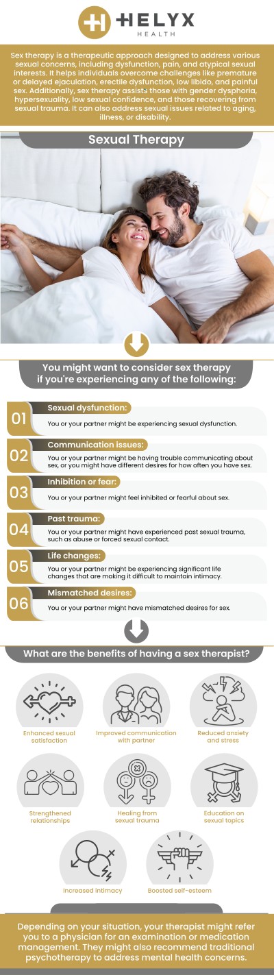 The experienced team at Helyx Health can provide a safe, supportive space to address concerns, improve connection, and enhance your relationship. Take the first step toward a healthier, more fulfilling intimate life today. For more information, contact us or request an appointment online. We are conveniently located at 9465 Wilshire Boulevard Suite 300, Beverly Hills, CA 90212. 
