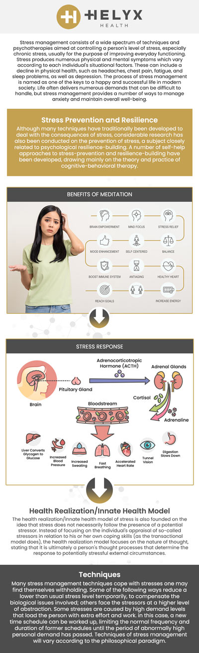 Looking for stress management specialist near me? Chronic stress might result in health issues. Long-term stress can increase your risk for heart disease, obesity, high blood pressure, and depression. Preventing and managing it can reduce this risk. At Helyx Health, our team will assist you in leading a balanced and happy lifestyle. For more information, contact us or schedule an appointment online. We serve patients across the state of California including locations in Palo Alto, Beverly Hills, and San Francisco, CA.
