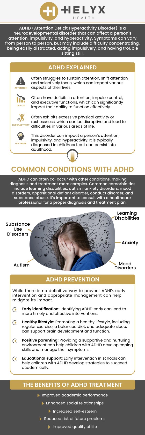 ADHD treatment is important for individuals experiencing persistent focus, organization, or behavioral challenges, often diagnosed in childhood. Symptoms include difficulties with tasks, impulsive decision-making, and uneasiness. Early diagnosis and treatment can improve academic, social, and professional outcomes. Dr. Britney Blair, MD, and her professional team offer ADHD treatment services at Helyx Health. For more information, contact us or request an appointment online. We are conveniently located at 9465 Wilshire Boulevard Suite 300, Beverly Hills, CA 90212.