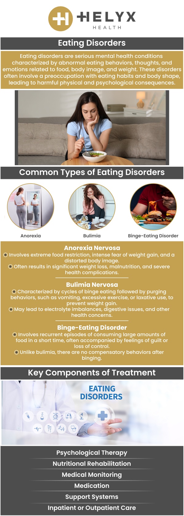 Eating disorders are serious mental health conditions that affect both physical and emotional health. These include anorexia, bulimia, and binge eating disorder. Recovery requires a holistic treatment approach that addresses both psychological and nutritional needs. If you or a loved one is struggling with an eating disorder, visit Dr. Mandy Mount and Denise Stilwell, RN, PsyD at Helyx Health. They provide vital resources and support to help you recover, improve your relationship with food, and regain confidence. For more information, contact us today or schedule an appointment online. We have convenient locations to serve you in Palo Alto CA, Beverly Hills CA, and San Francisco, CA.