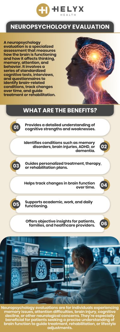 Neuropsychological evaluation provides valuable insights into cognitive, behavioral, and emotional functioning. These assessments are often recommended for conditions like ADHD, memory issues, brain injuries, or learning difficulties. At Helyx Health, Dr. Jessica M. Foley, PhD, Psy. D, ABPP-CN, offers personalized evaluations to identify specific strengths and challenges, guiding effective treatment plans. For more information, contact us or schedule an appointment online. We serve patients across the state of California including locations in San Francisco, Palo Alto, and Beverly Hills, CA. Neuropsychological evaluation provides valuable insights into cognitive, behavioral, and emotional functioning. These assessments are often recommended for conditions like ADHD, memory issues, brain injuries, or learning difficulties. At Helyx Health, Dr. Jessica M. Foley, PhD, Psy. D, ABPP-CN, offers personalized evaluations to identify specific strengths and challenges, guiding effective treatment plans. For more information, contact us or schedule an appointment online. We serve patients across the state of California including locations in San Francisco, Palo Alto, and Beverly Hills, CA.