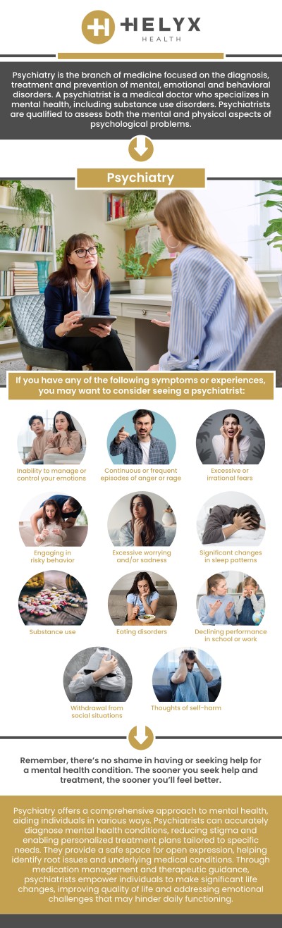 Psychiatry plays a crucial role in mental health recovery by offering personalized care tailored to each individual's needs. At Helyx Health, our experienced psychiatrists provide comprehensive treatment that includes therapy, medication management, and ongoing support to help individuals navigate their mental health journey, improve well-being, and achieve long-term recovery. For more information, contact us or request an appointment online. We are conveniently located at 518 Hamilton Avenue, Palo Alto, California 94301.